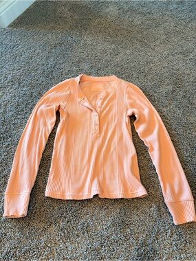 Aerie Women’s Long-Sleeve Ribbed Henley Top - Peach Pink